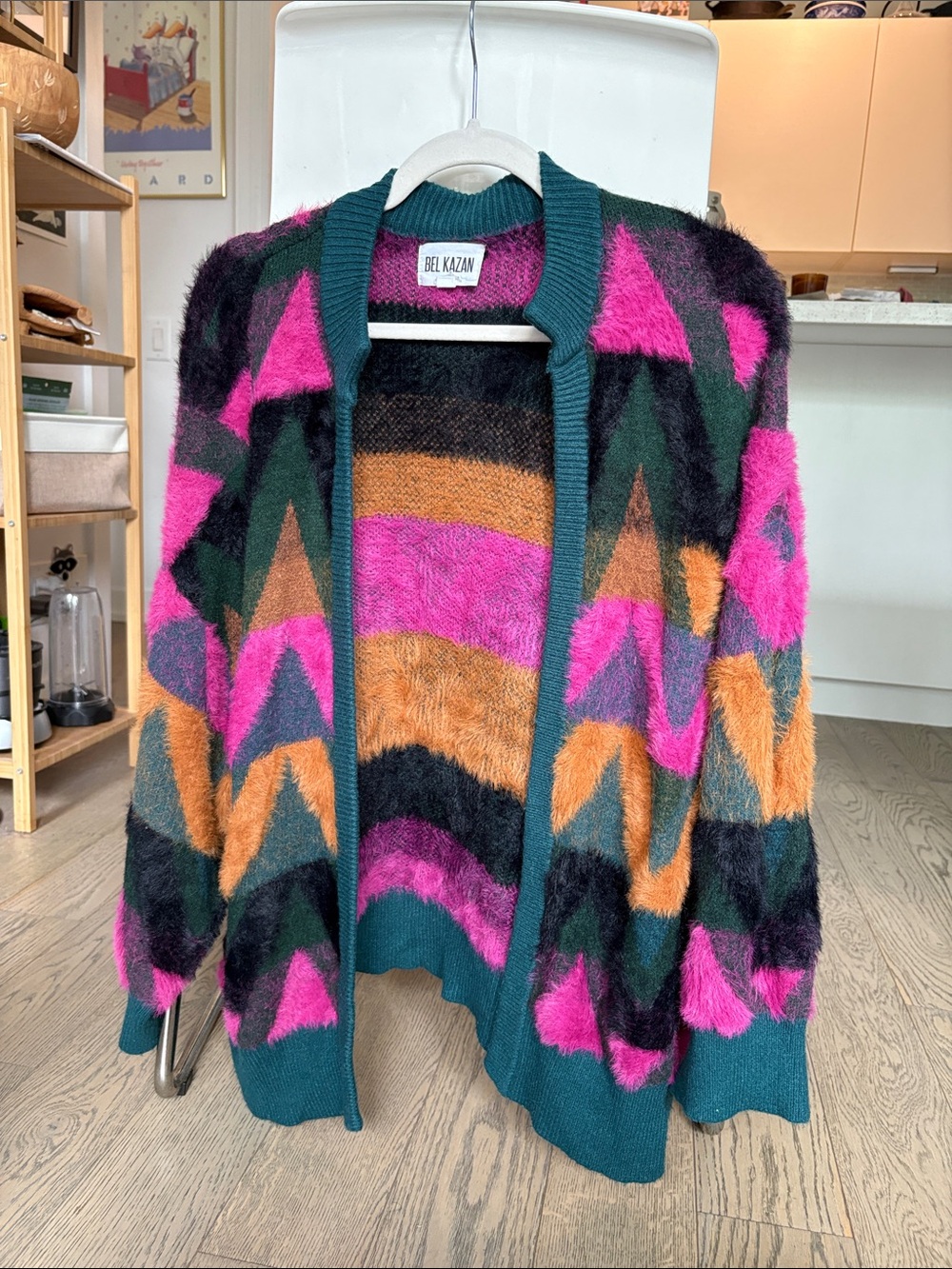 Bel Kazan Pink & Teal Geometric Mohair-Blend Open Cardigan